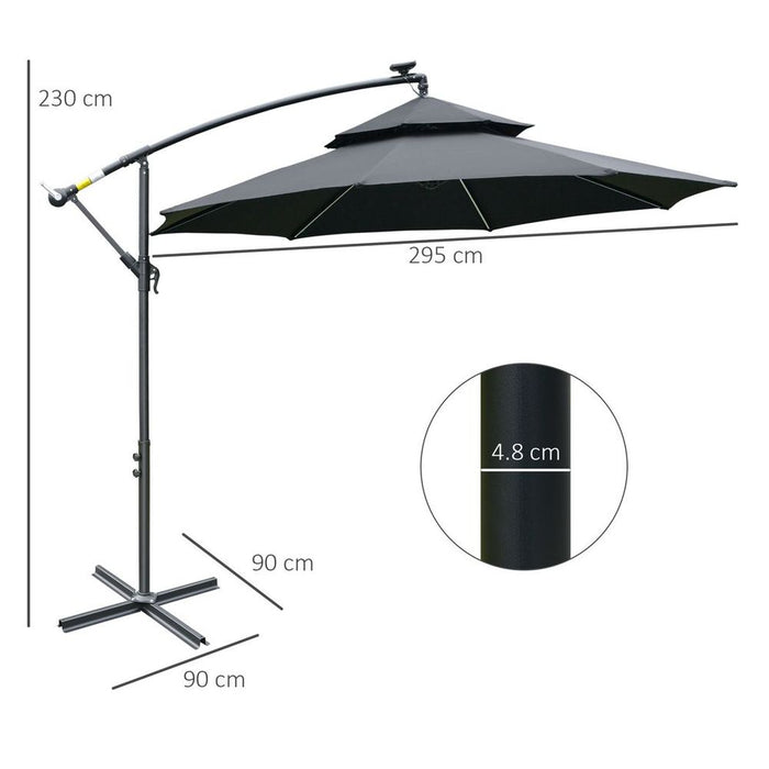 Premium Outsunny 3m Cantilever Umbrella - Hanging Banana Design - Solar LED Lights - Black, High Quality