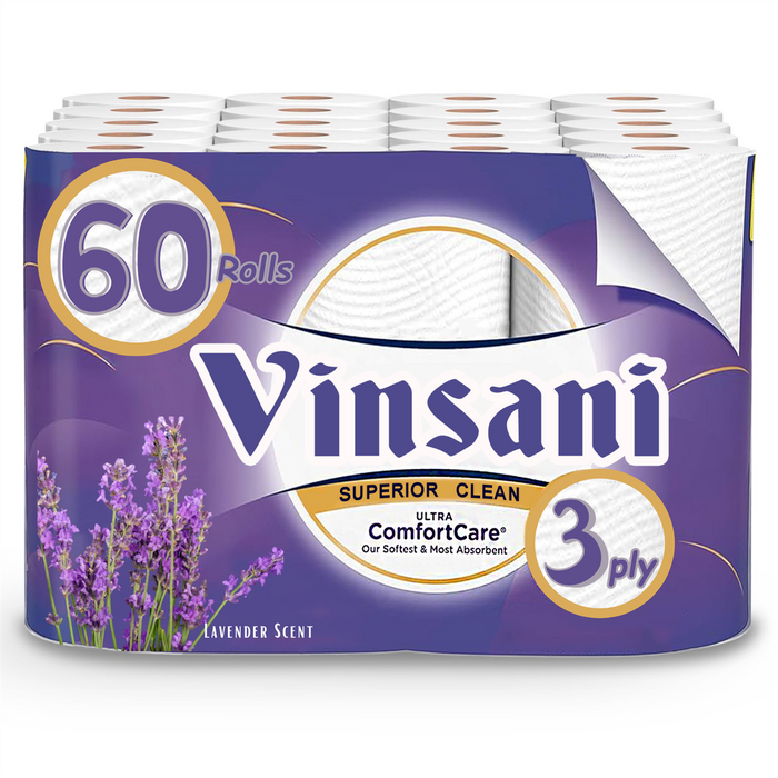 Vinsani Lavender 60 Toilet Rolls - Plush Quilted Design - Maximum Absorption - Lavender Bliss - Made in UK - Maximum Value