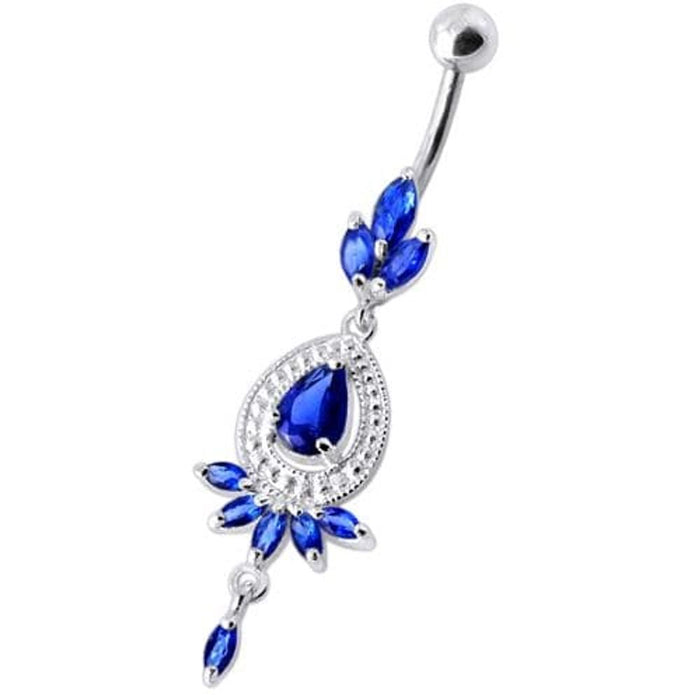 Fancy stone centered Jewel Dangling SS Bar Belly Ring