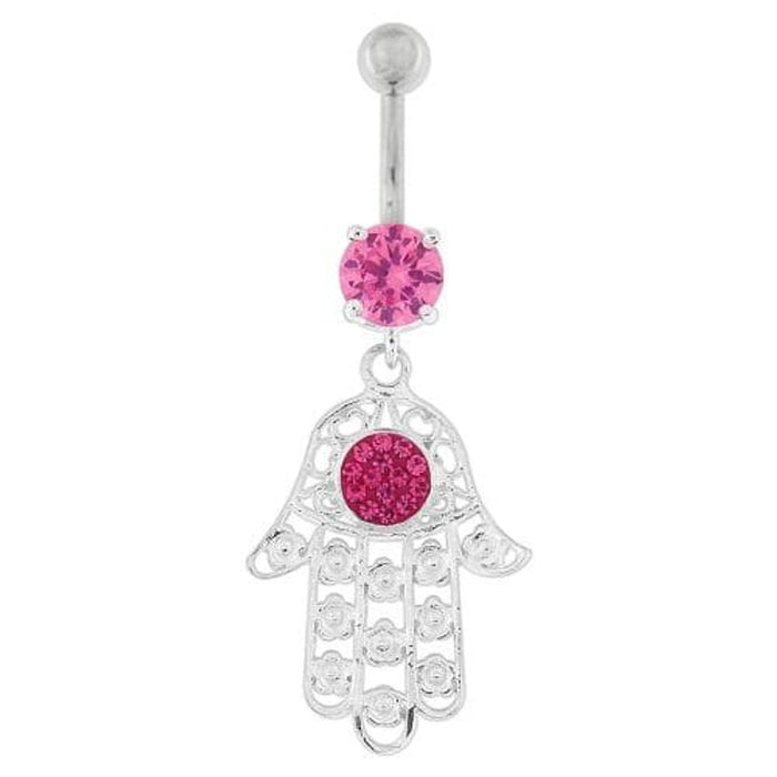 Hamsa Hand with Flowers Dangling Belly Button Ring