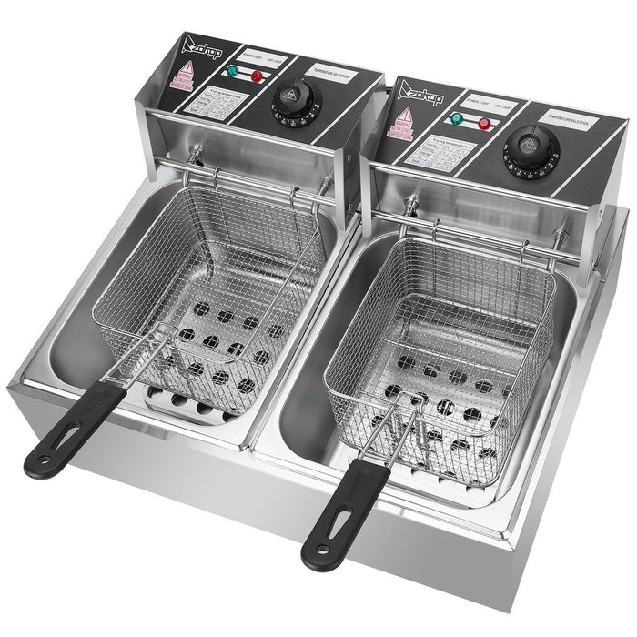 ZOKOP EH82 2500W 220-240V 12.7QT/12L Stainless Steel Double Cylinder Electric Fryer UK Plug