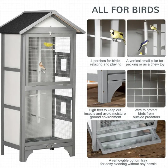 Premium Fir Wood Bird Aviary - Finch, Canary - Removable Tray - Asphalt Roof - Grey