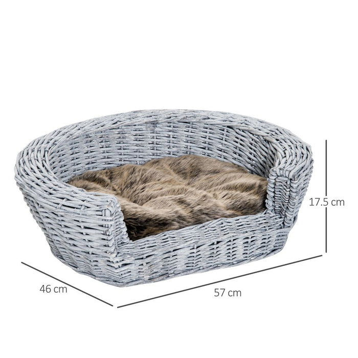 PawHut Wicker Pet Bed Willow Dog Cat Sofa Couch Puppy Basket with Cushion Grey 57L x 46W x 17.5H cm