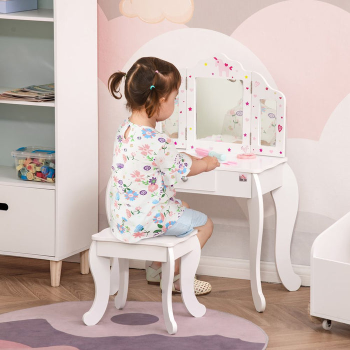 HOMCOM Kids Vanity Table & Stool Girls Dressing Set Make Up Desk Chair Dresser Play Set with Rotatable Mirrors Drawer Star & Heart Pattern White E