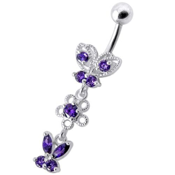 Fancy Design Multi Jeweled Dangling SS Bar Navel Ring