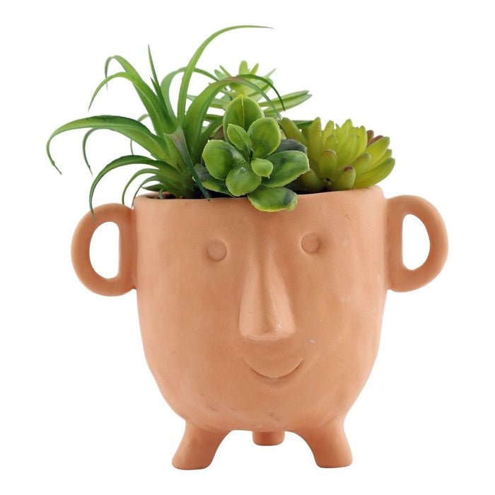 Handmade Face Terracotta Pot - Large, Faux Cacti, Succulent, Gravel Bedding - D19 x H27 x W22cm