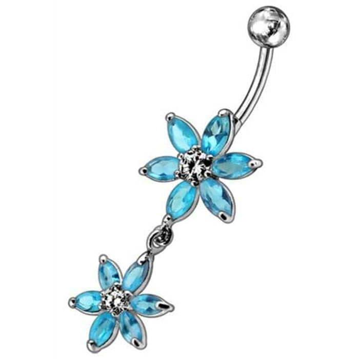 Silver Jeweled Flower Dangling SS Curved Belly Ring