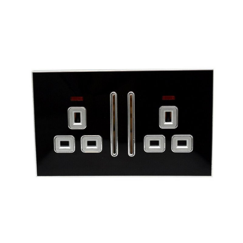 Premium Decorative Black Glossy Main Plug Sockets | Satin Gold Inserts | UK Certified