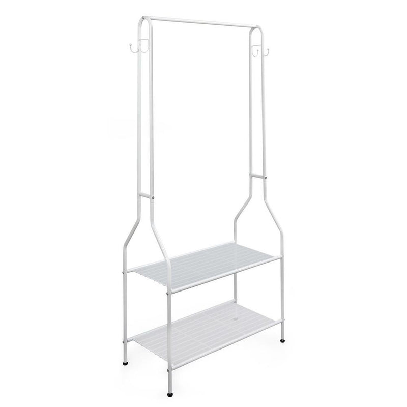 White Clothes Rail: Space Saving Storage with 2 Shelves, Hooks. Sturdy Steel Design, Elegant Style. Perfect for Any Room. 150cm