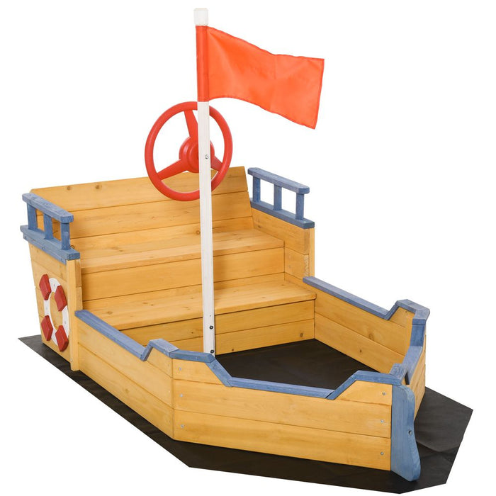 Kids Wooden Sandbox Pirate Ship Sandboat w/ Bench Seat Storage Space