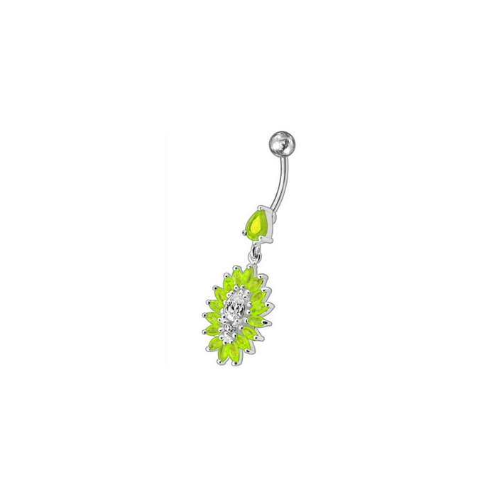 Jeweled Dangling Fancy  Glitter Flower SS Banana Bar Belly Ring Body Jewelry