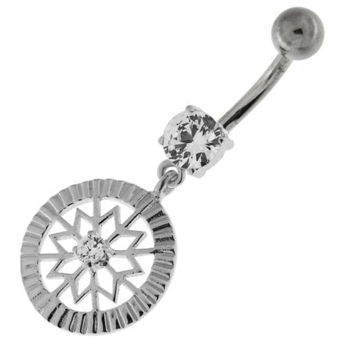 Center Jeweled Flower Sterling Silver Navel Belly Button Ring