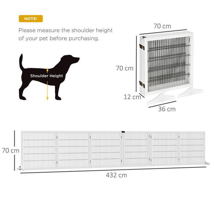 PawHut Freestanding Pet Gate, 6 Panel Foldable Playpen, Wooden Dog Gate with 2 Support Feet, for Stairs, Doorway - White