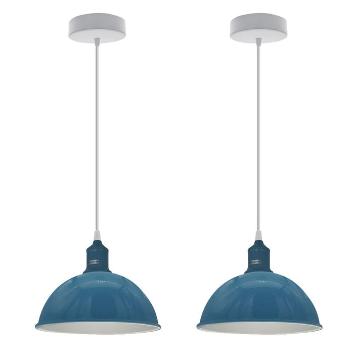 Cyan Blue Metal Pendant Lights - 2Pack Dome Shaped Loft Lamp Shades - High-Quality & Stylish - 21cm - Inner White