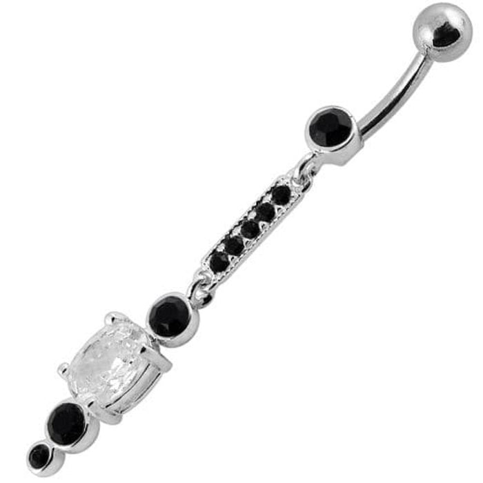 Silver Jeweled Fancy Dangling SS Bar Banana Navel Ring