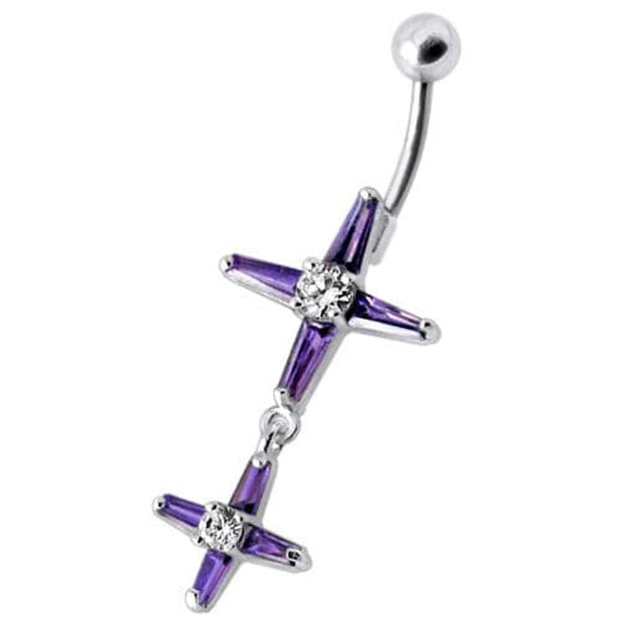 Fancy Double Cross Jeweled Silver Dangling With SS Bar Belly Ring