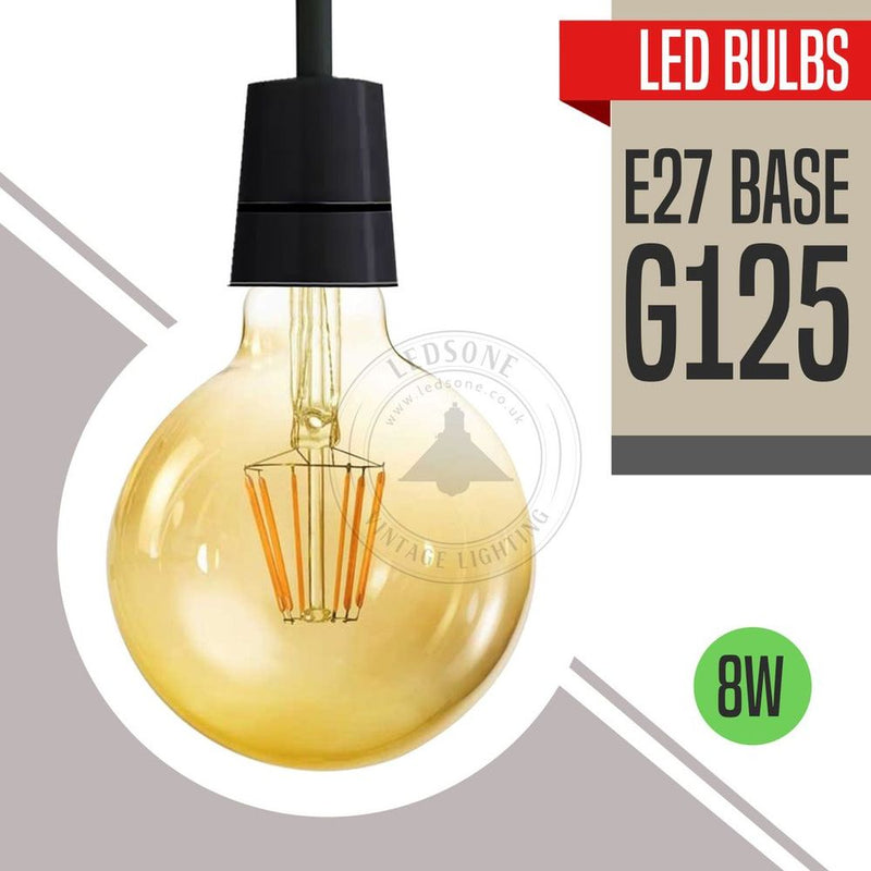 Vintage Amber LED Filament Bulb - G125 E27 8W, Retro Style, High Quality, Long Lasting