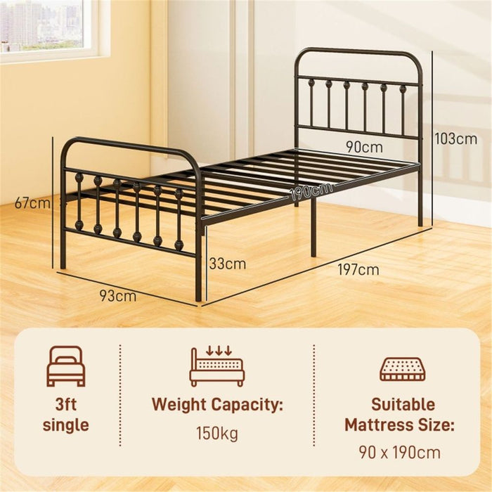 Single Metal Bed Frame Black Steel 93W x 197D x 103Hcm