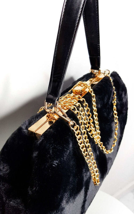 Plush Fur HandBag with Gold Chain | Lola: Black, 10" height, 14" length