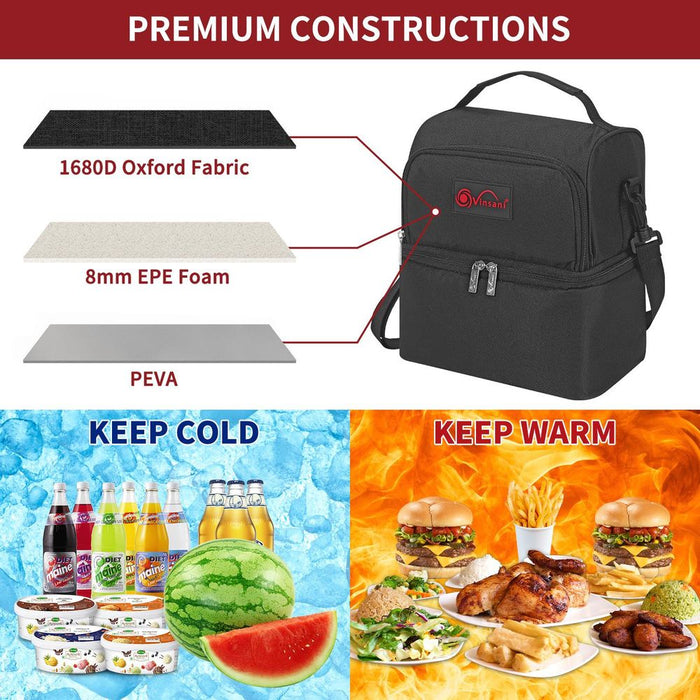 VINSANI 7L Dual Compartment Lunch Bag w/ Ice Pack - Premium Quality, Waterproof, Insulated Cooler - Ideal for Camping, Hiking, BBQs