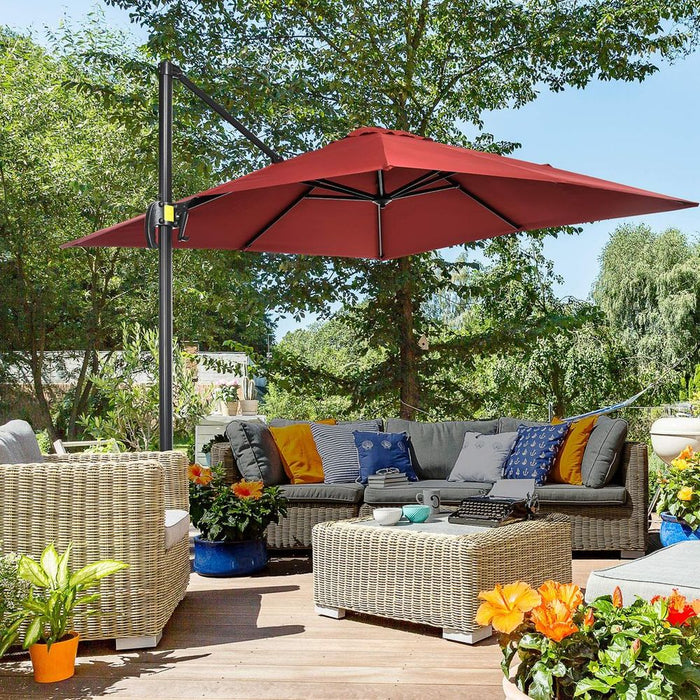 Outsunny Square Cantilever Roma Parasol 360? Rotation, Wine Red. Reliable protection from harmful UV rays. Perfect for all-day relaxation.