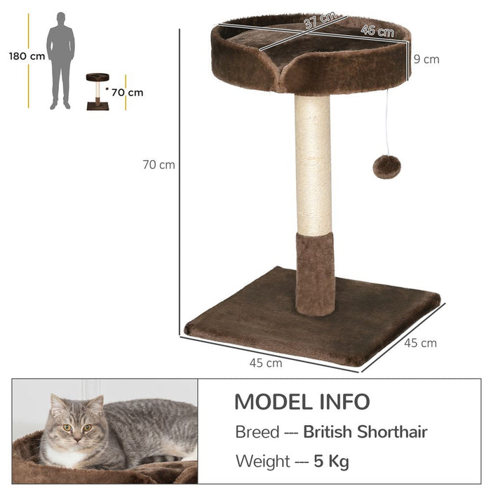 PawHut Small Cat Tree for Indoor Cats with Sisal Scratching Post Kitten Bed Cushion Ball Toy, Brown, 45x45x70 cm