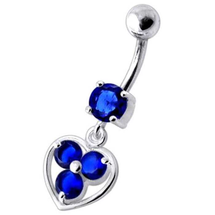 Jeweled Silver Heart Dangling SS Curved Bar Banana Belly Ring