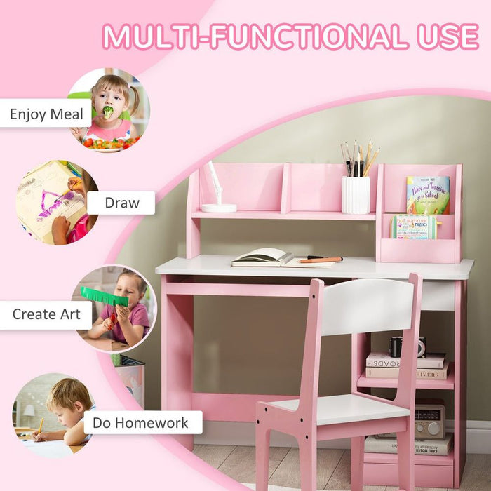 ZONEKIZ Kids Desk and Chair Set with Storage for 5-8 Years, Pink