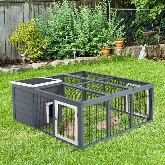 PawHut Rabbit Hutch Outdoor, Guinea Pig House, Bunny Run Cage with Openable Top for 2 Rabbits, 123 x 120 x 52cm, Grey