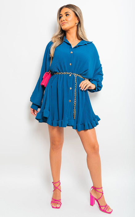 High-Quality Sofia Long Sleeve Pleated Button Up Mini Dress