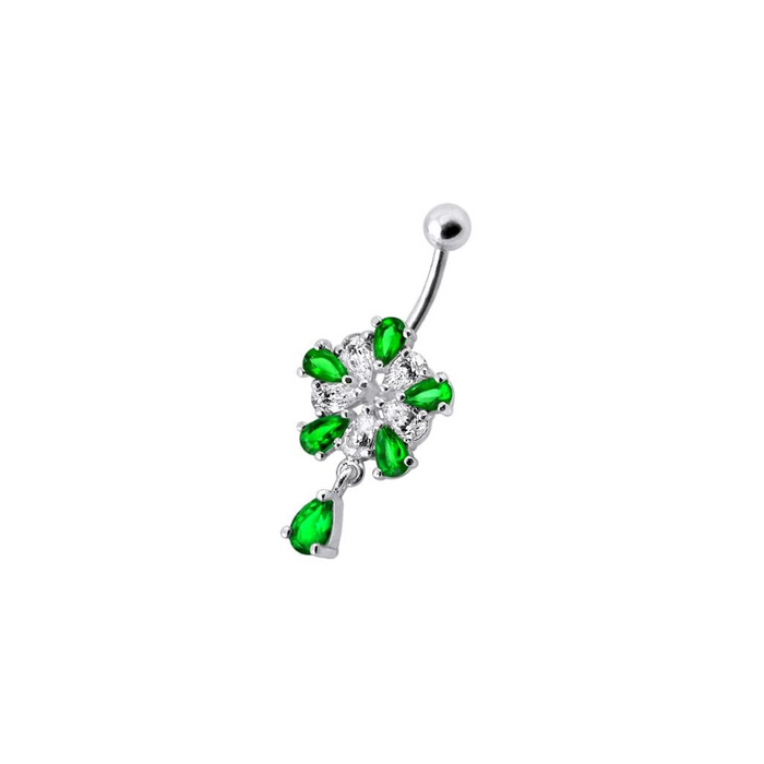 Jeweled Fancy Silver Flower Dangling Banana Bar Navel Belly Ring