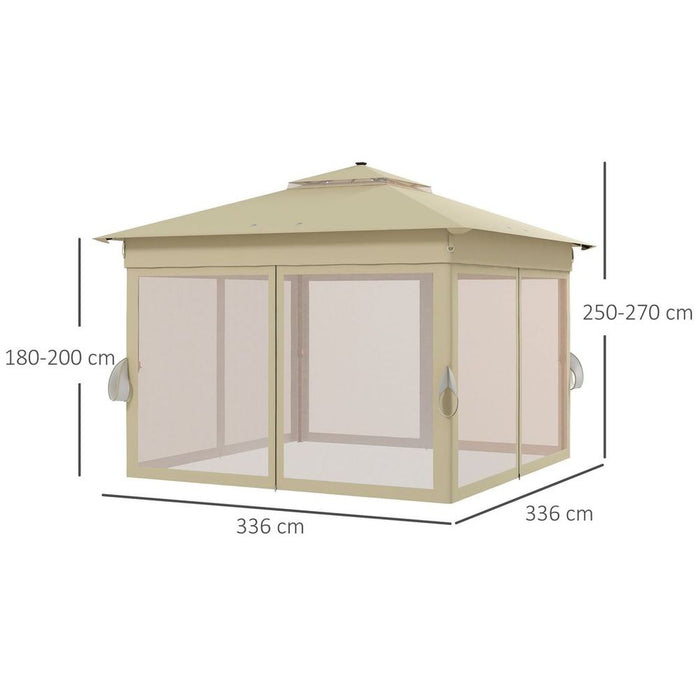 Outsunny 3x3m Pop Up Gazebo w/ Solar LED Lights Curtain Netting Khaki