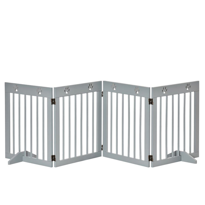 PawHut Dog Barrier 4-Piece 204 x 61 cm Foldable Door Safety Gate with 2 Support Feet, Freestanding Dog Gate, Wooden Stair Gate for Hallway, Stairs, Light Grey