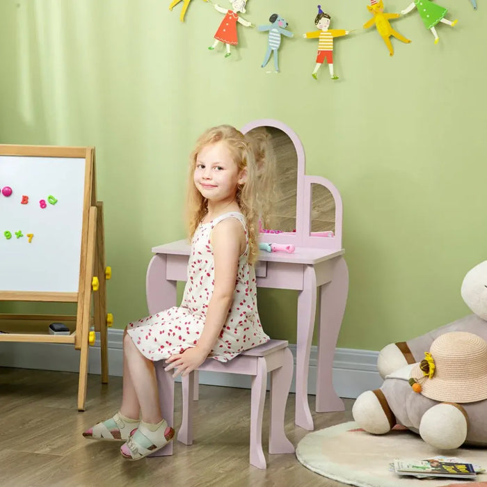 Kids Dressing Table and Stool w/ Mirror and Drawer, for Ages 3-6 Years - Pink