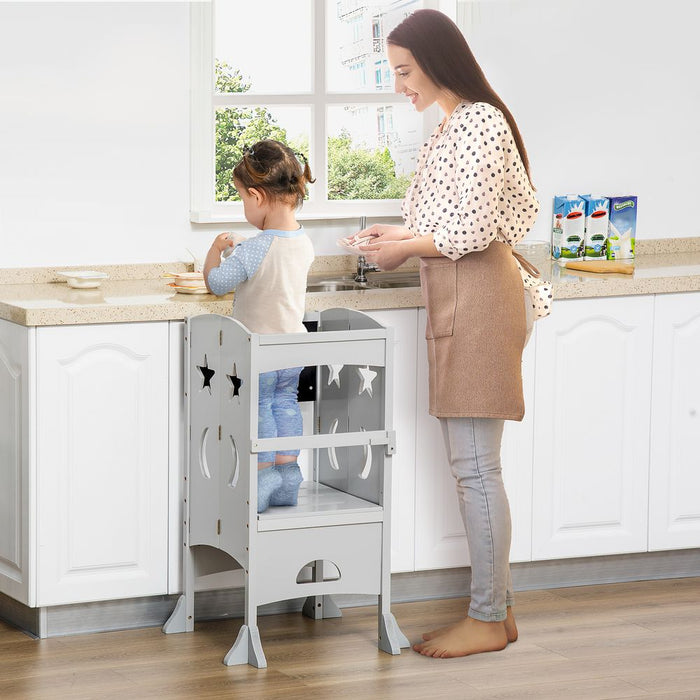 Kids Step Stool - Toddler Kitchen Stool with Blackboard & Lockable Handrail