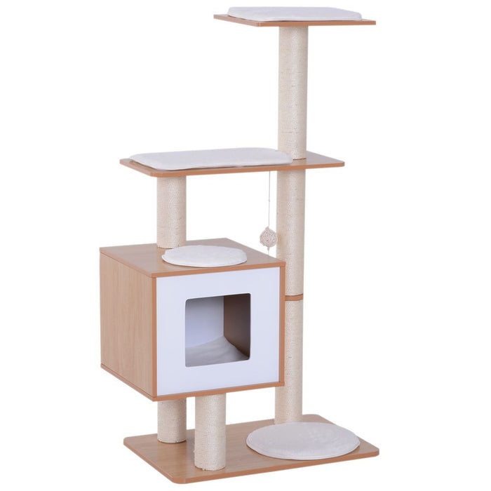 PawHut Wood Cat Tree Scratching Post for Indoor Cats Kitten House Condo Activity Center w/Cushion Hanging Toy Multi-level