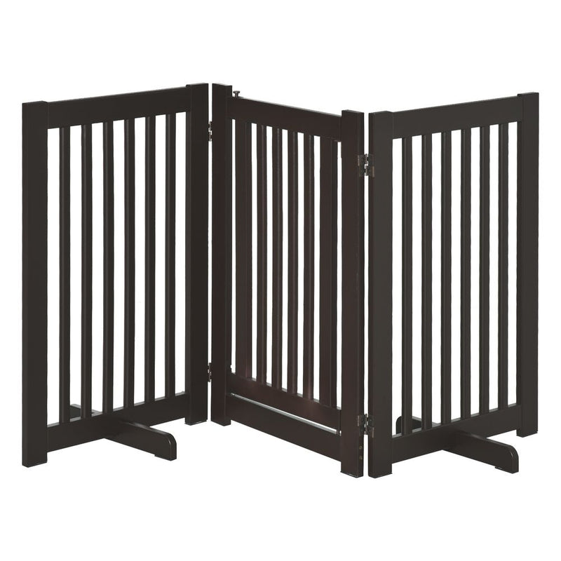 PawHut Freestanding Dog Gate Wood Doorway Safety Pet Barrier Fence Foldable w/Latch Support Feet Deep Brown, 155 x 76 cm