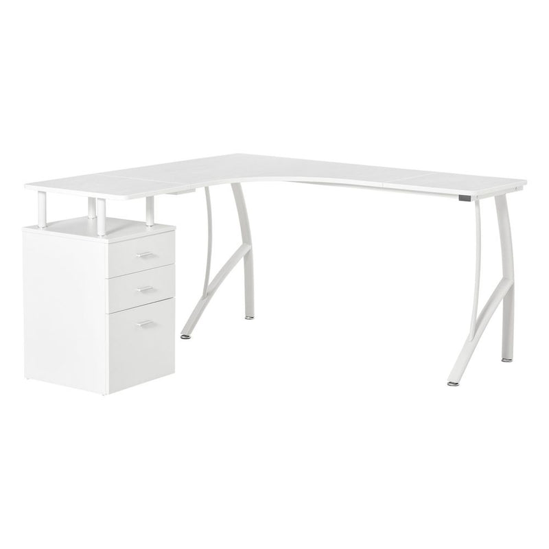 HOMCOM L-Shaped Computer Desk Table with Storage Drawer Home Office Corner Industrial Style Workstation for A4 Files 143.5 x 143.5 x 76cm, White