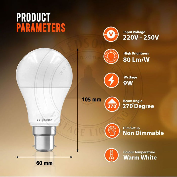 B22 9W Energy Saving Warm White LED Light Bulbs A60 B22 Screw-in non dimmable bulbs