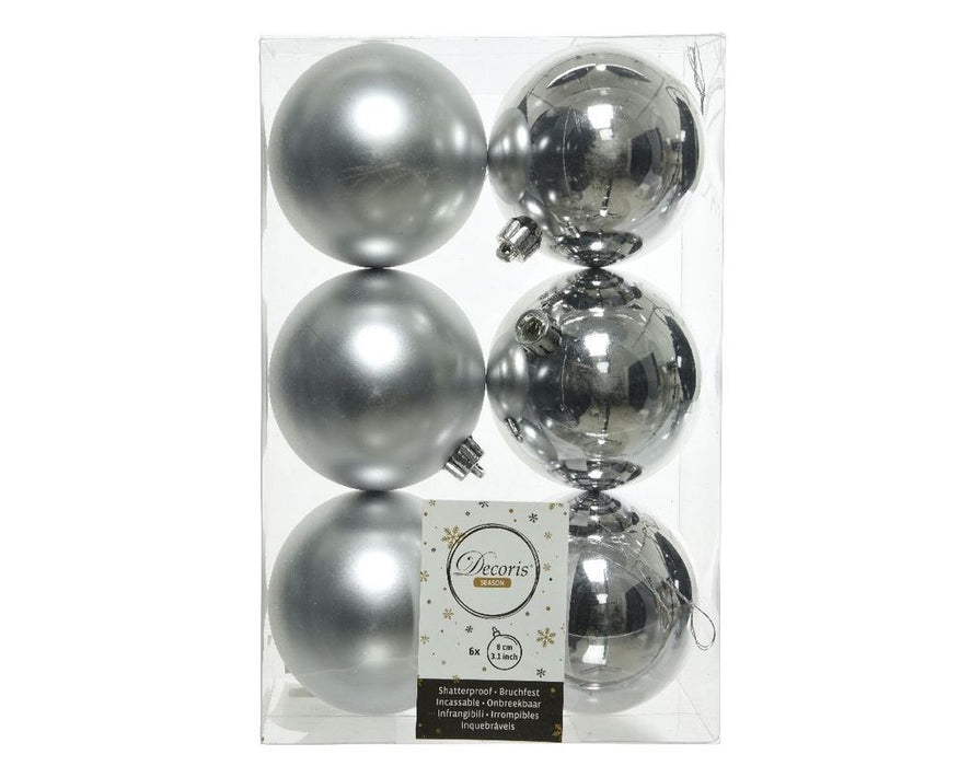 Shatterproof Silver Bauble  8cm Pack of 6 - Christmas