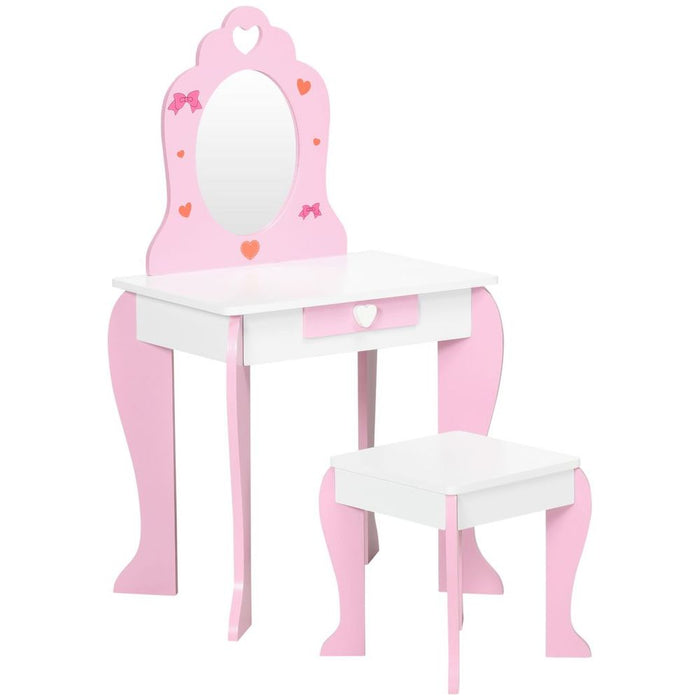 ZONEKIZ Kids Vanity Set w/ Mirror, Drawer, Cute Patterns, for Girls - Pink