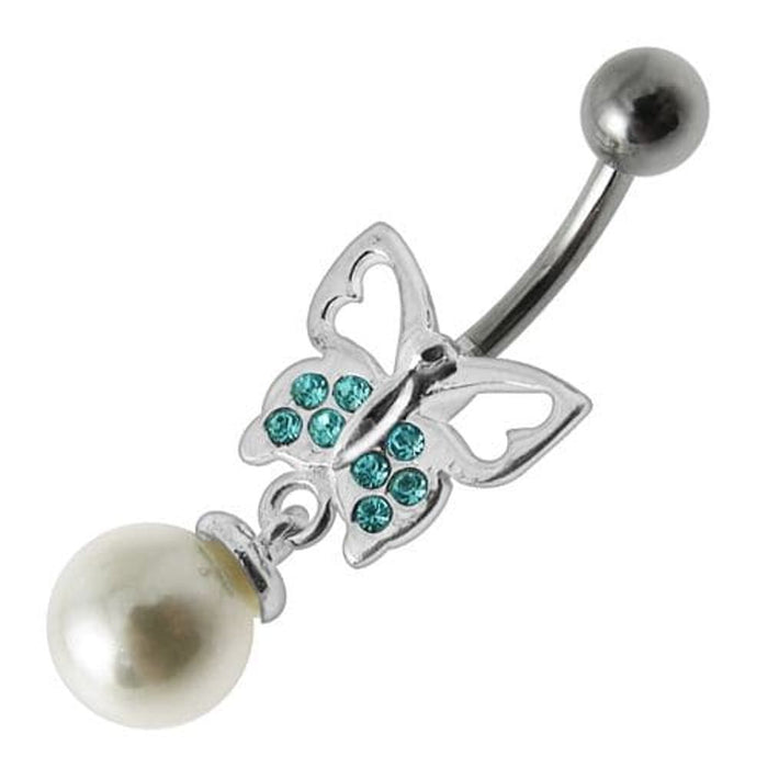 Fancy Butterfly Jeweled Pearl Dangling Curved Belly Ring Body Jewelry