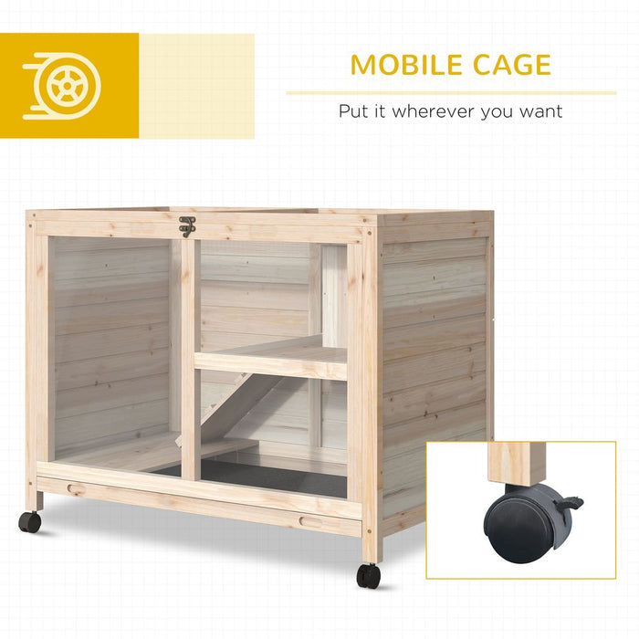 PawHut Rabbit Hutch Indoor Wooden Guinea Pig House Hamster Cage with Wheels, 2 Layers Bunny Cage with Openable Roof, 91.5 x 53.3 x 73 cm, Natural EA