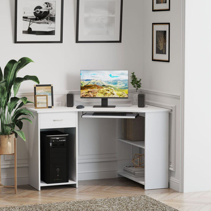 L-Shaped Corner Computer Desk w/ 2 Shelves Worktop Keyboard Tray White