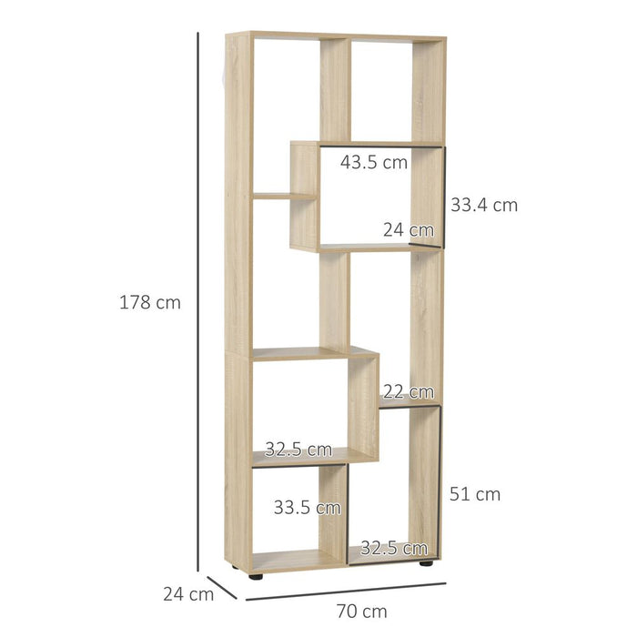 178cm 8-Shelf Bookcase | Melamine Surface | Oak Tone | Multipurpose 8-Grid