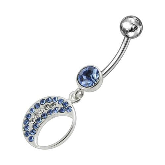 Jeweled Fancy Half MOON Silver Dangling Curved Bar Navel Ring