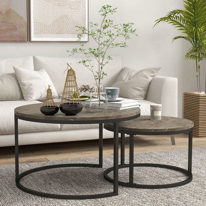 Premium HOMCOM 2-Pc Stacking Coffee Table Set: Steel Frame, Marble-Effect, Foot Pads