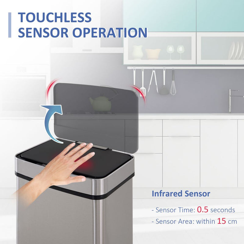 HOMCOM 72L Recycling Sensor Bin Stainless Steel 3 Compartments For Both Wet/Dry Waste w/Removable Lid Kitchen Home