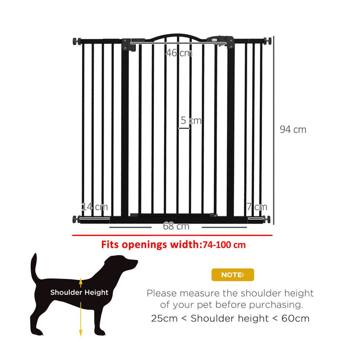 PawHut Adjustable Metal Pet Gate w/ Auto-Close Door - 74-100cm, Black