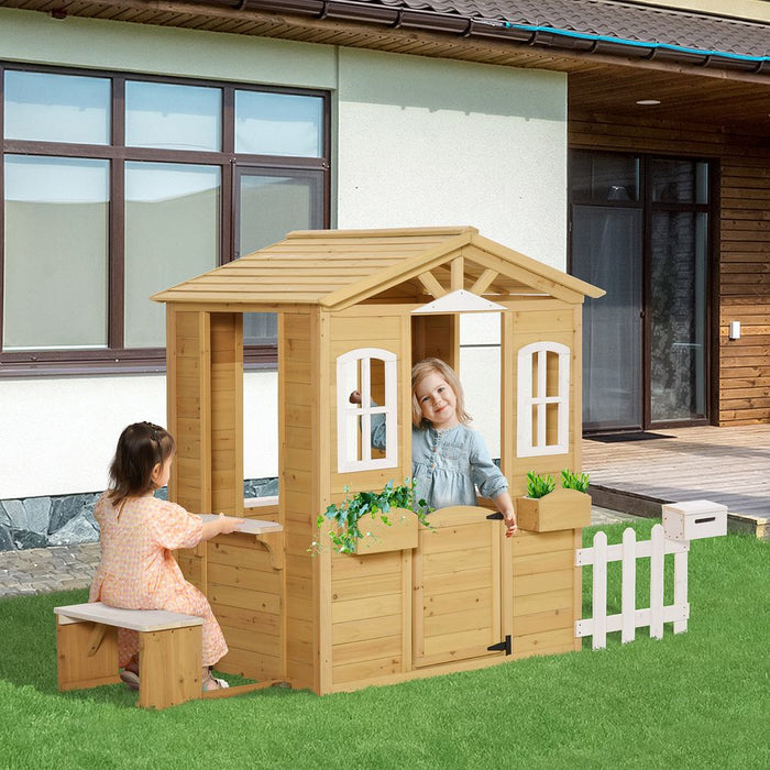 Outsunny Wooden Playhouse for Outdoor with Door Windows Mailbox Flower Pot Holder Serving Station Bench for Kids Children Toddlers Natural